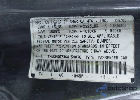 2006 Honda Accord 2.4 Ex from USA, damaged, VIN 1HGCM56736A159070